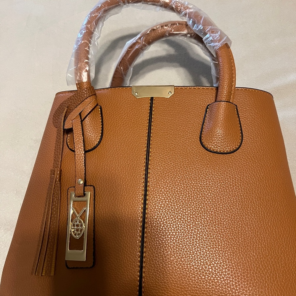 Tan Tote Bag with Tassel Pebbled Leather